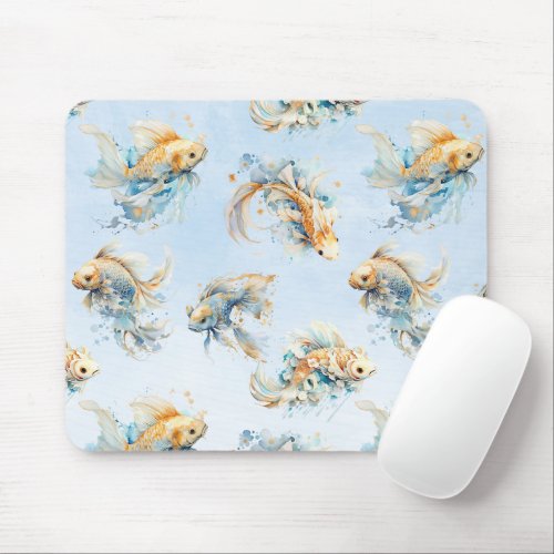 Blue Watercolor Gold White Koi Fish Floral Mouse Pad