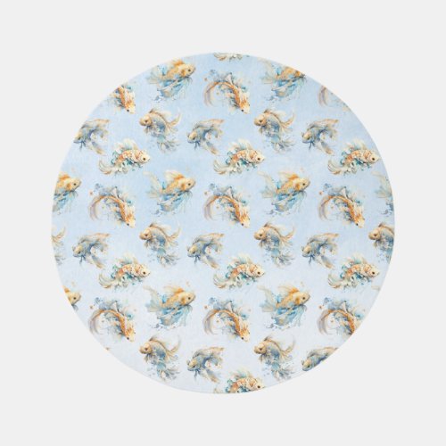 Blue Watercolor Gold White Koi Fish Floral Rug