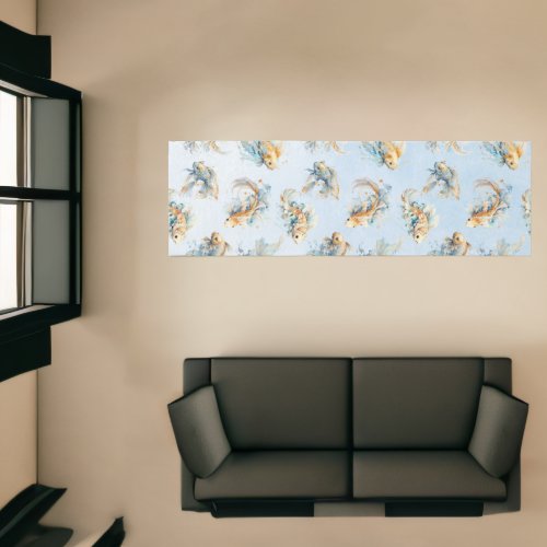 Blue Watercolor Gold White Koi Fish Floral Runner