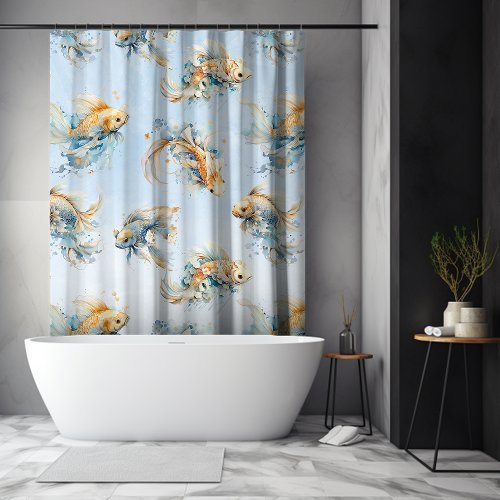 Blue Watercolor Gold White Koi Fish Floral Shower Curtain