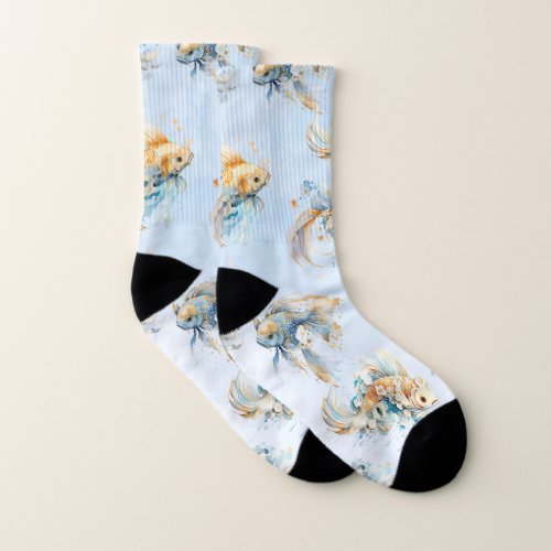 Blue Watercolor Gold White Koi Fish Floral Socks