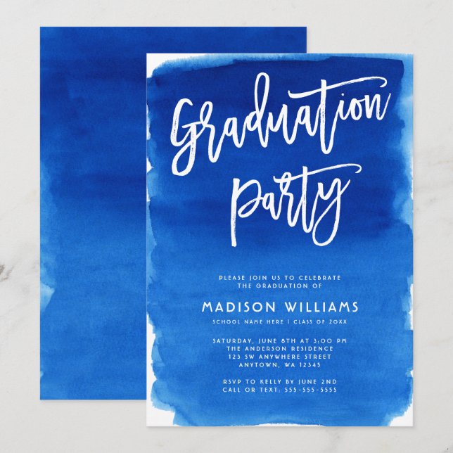 Blue Watercolor Graduation Party Invitation (Front/Back)