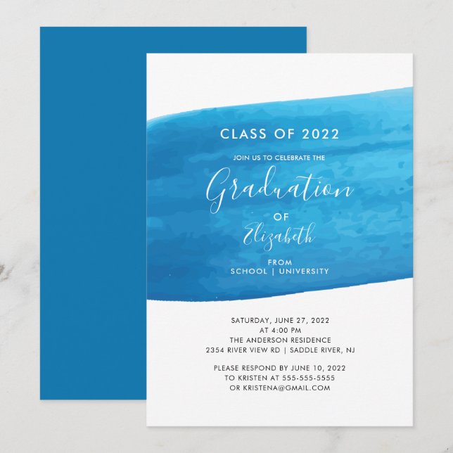 Blue Watercolor Graduation Party Invitation (Front/Back)