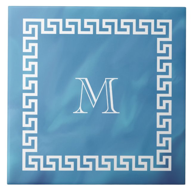 Blue Watercolor Greek Key Ceramic Tile (Front)