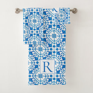 Blue watercolor Greek tile Mediterranean wedding Bath Towel Set