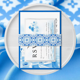 Blue watercolor Greek tile Mediterranean wedding Invitation Belly Band