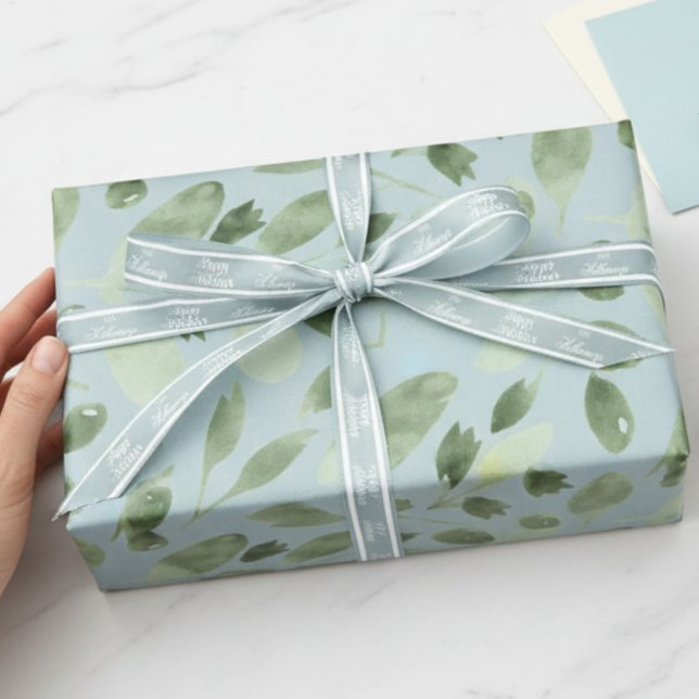 Blue Watercolor Greenery Holiday Wrapping Paper (Send holiday greetings with a classic touch! )