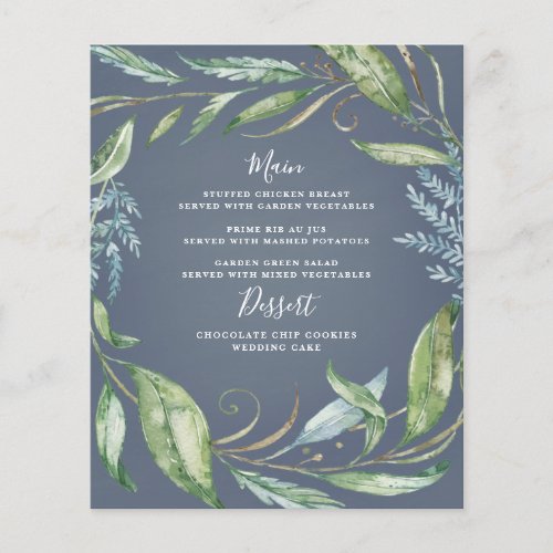 Blue Watercolor Greenery Wreath Wedding Menu Cards