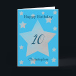 Blue Watercolor Grey Stars 10th Birthday Card<br><div class="desc">Grey watercolor stars happy 10th birthday card for grandson, son, nephew and more. The front features watercolor grey stars and a place for you to personalize with the birthday recipient's name. The inside card message can be easily personalized and the back with the year. This would make a great personalized...</div>