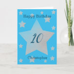 Blue Watercolor Grey Stars 10th Birthday Card<br><div class="desc">Grey watercolor stars happy 10th birthday card for grandson, son, nephew and more. The front features watercolor grey stars and a place for you to personalize with the birthday recipient's name. The inside card message can be easily personalized and the back with the year. This would make a great personalized...</div>