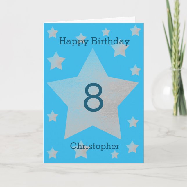 Blue Watercolor Grey Stars 8th Birthday Card (Front)