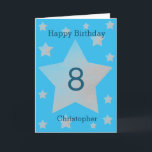 Blue Watercolor Grey Stars 8th Birthday Card<br><div class="desc">Grey watercolor stars happy 8th birthday card for son, nephew, grandson, etc. The front features watercolor grey stars and a place for you to personalize with the birthday recipient's name. The inside card message can be easily personalized and the back with the year. This would make a great personalized eighth...</div>