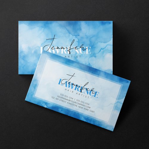 Blue Watercolor Hair Stylist Script Typography Business Card