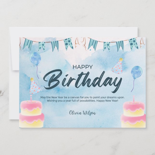 Blue Watercolor Happy Birthday  Invitation (Front)
