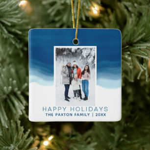 Blue Watercolor Happy Holidays Family Photo Ceramic Ornament