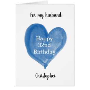 Blue Watercolor Heart 32nd Birthday Cards
