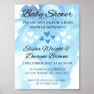 Blue Watercolor Heart Baby Shower  Postcard Poster