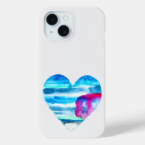 Blue watercolor heart iPhone 15 case