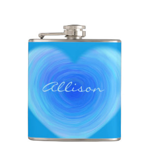 Blue Watercolor Heart Cute Modern Monogrammed Hip Flask
