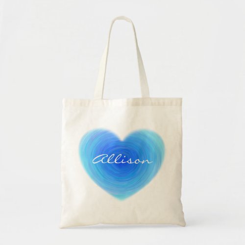 Blue Watercolor Heart Cute Modern Monogrammed Tote Bag