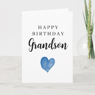 Blue Watercolor Heart Happy Birthday Grandson Card
