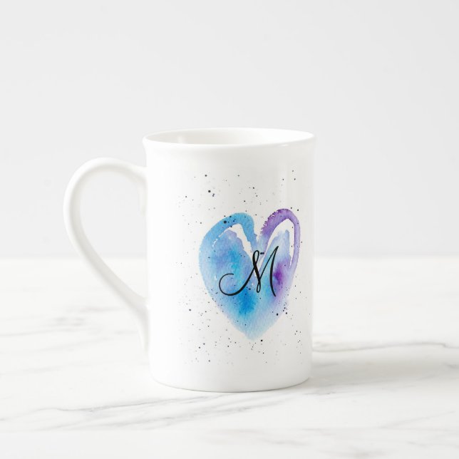 Blue Watercolor Heart Monogram Bone China Mug (Left)