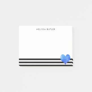 Blue Watercolor Heart on Black and White Stripe Post-it Notes