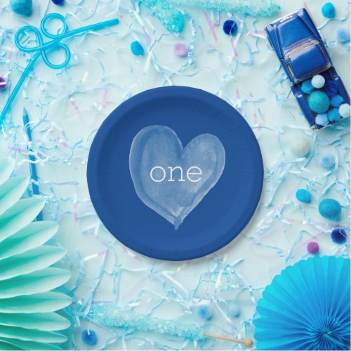 Blue Watercolor Heart One Birthday Paper Plates