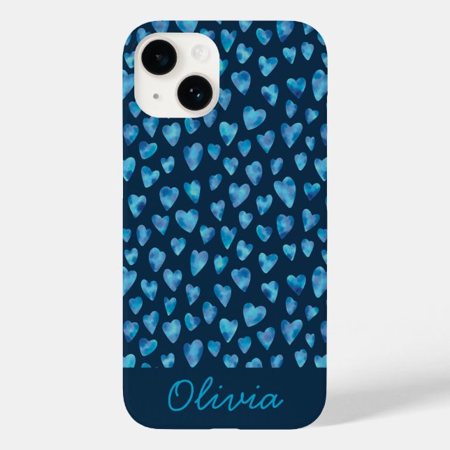 Blue watercolor heart pattern name Case-Mate iPhone case (Back)