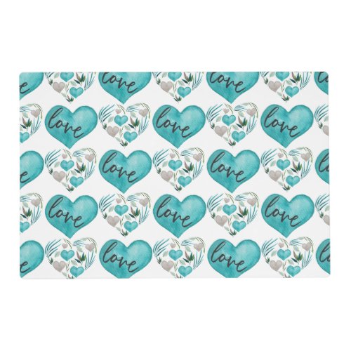 Blue Watercolor Hearts And Leaves Placemat