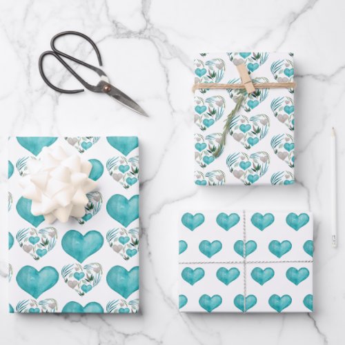 Blue Watercolor Hearts And Leaves Wrapping Paper Sheets