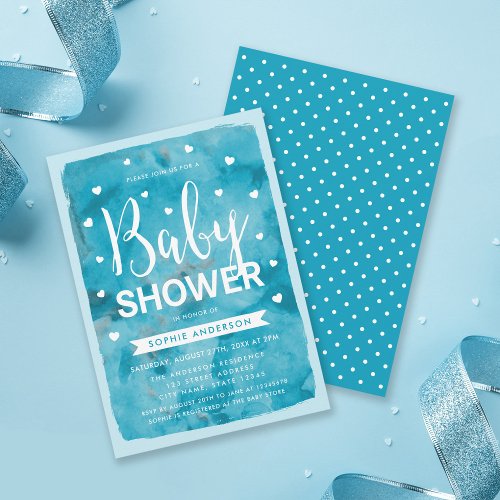 Blue Watercolor Hearts Baby Shower Invitation