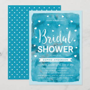 Blue Watercolor Hearts Bridal Shower Invitation