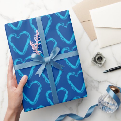 Blue Watercolor Hearts Patterns Wrapping Paper