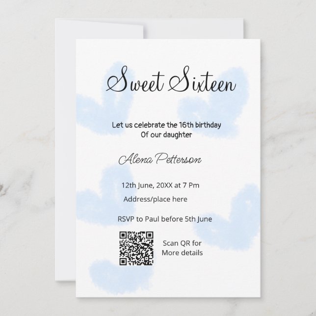Blue watercolor hearts QR  Sweet sixteen birthday  Invitation (Front)