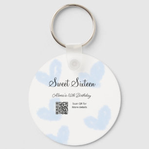 Blue watercolor hearts QR Sweet sixteen birthday Keychain
