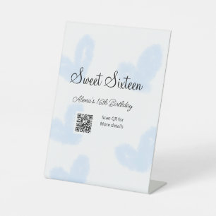 Blue watercolor hearts QR Sweet sixteen birthday Pedestal Sign