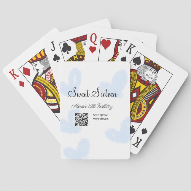 Blue watercolor hearts QR  Sweet sixteen birthday  Poker Cards (Back)