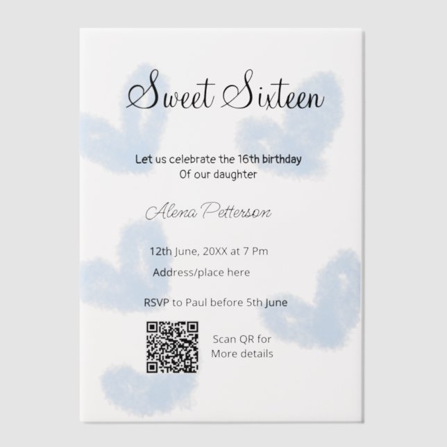 Blue watercolor hearts QR  Sweet sixteen birthday  Vellum Invitations (Front)