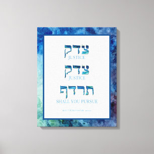 Blue Watercolor Hebrew Tzedek Justice Stretched Canvas Print