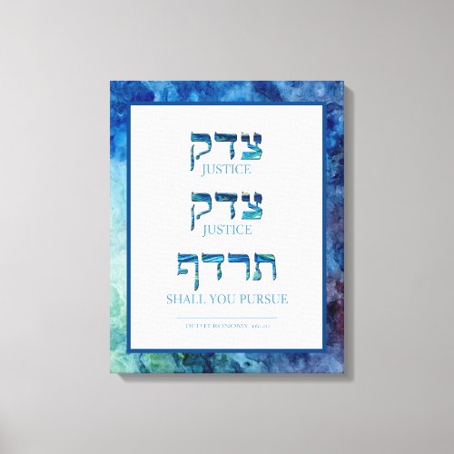 Blue Watercolor Hebrew Tzedek Justice Stretched Canvas Print