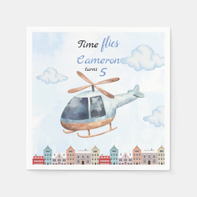 Blue Watercolor Helicopter City  Napkins (Front)