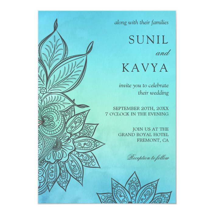 Blue Watercolor Henna Indian Wedding Invitation Zazzle Com