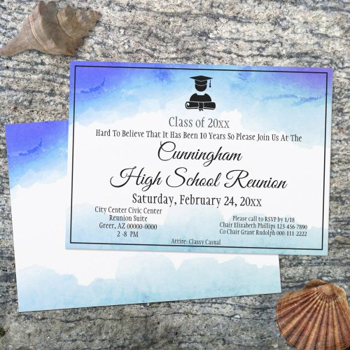 Blue Watercolor High School Class Reunion Custom Invitation