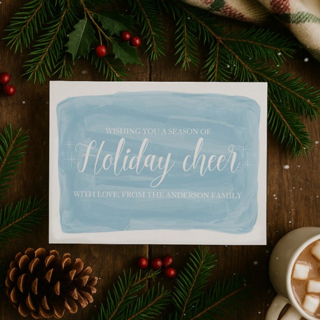 Blue Watercolor Holiday Cheer Flat Card (Blue Watercolor Holiday Cheer Christmas Flat Card)