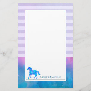 Blue Watercolor Horse on Horizontal Stripes Stationery