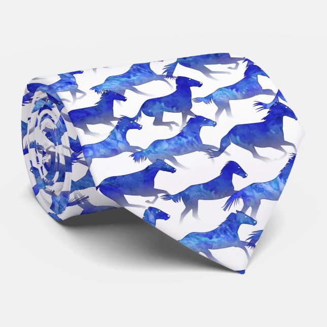 Blue Watercolor Horses Neck Tie (Rolled)