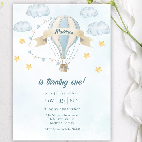 Blue Watercolor Hot Air Ballon Boy 1st Birthday Invitation