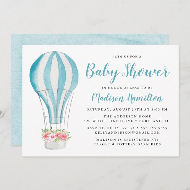 Blue Watercolor Hot Air Balloon Baby Shower Invitation (Front/Back)