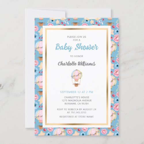 Blue Watercolor Hot Air Balloon Baby Shower Invitation